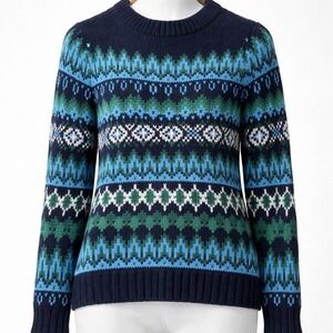 Talbots XL Fair Isle Knit Sweater Blue Green Nordic Geometric Crew Neck Pullover
